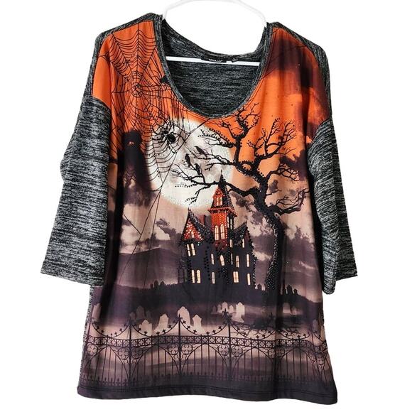 Onque Casuals Halloween Top Haunted House Embellished Knit Gray Size Large - Picture 1 of 4